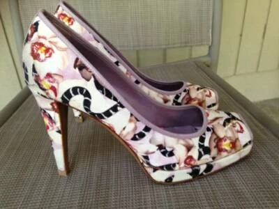 Sergio Rossi Purple Floral Fabric Leather Trim Open Toe Pumps Heels 40 US 9 EUC - Image 1 of 4