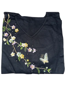 Quacker Factory 3X Zen Garden Embroidered Long Sleeve V Neck T Shirt Black NWT - Picture 1 of 6
