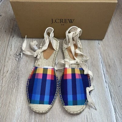 J. Crew Factory Women’s Lace-Up D'Orsay Espadrille Plaid Madras Summer Sandals - Image 1 of 4