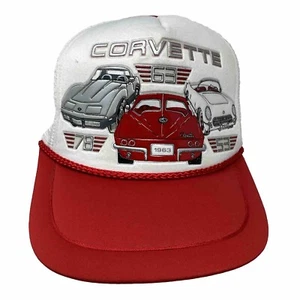 Vintage Corvette Hat Cap Snap Back Red & White 53 63 78 Models Trucker Foam Mesh - Picture 1 of 11