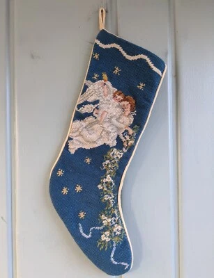 Vintage Needlepoint Christmas Stocking Velvet Angel Cherub Blue Ivory Stars - Image 1 of 4