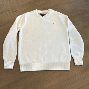 Tommy Hilfiger Kids V-Neck Logo Off White Color Warm Winter Sweater Medium 8-10 - Picture 1 of 9