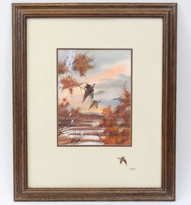 Rick Urdahl Watercolor Painting Sunset Landscape Pheasant Hunting Sporting Bird - Image 1 of 4