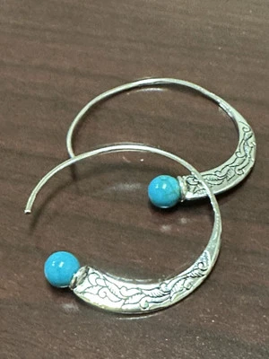 Silver Plated Hoops With Turquoise Beads Earrings For Pierced Ears - Image 1 of 2