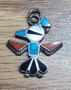 STERLING SILVER*ZUNI*INLAY THUNDERBIRD*TURQUOISE*CORAL*MOP*ONYX*VINTAGE*20IN CH* - Picture 1 of 5