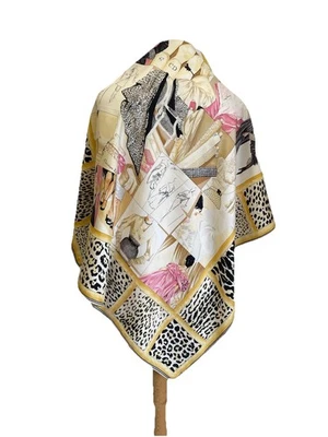 Bufanda de seda Christian Dior alta costura boceto estampado leopardo borde cuadrado vintage #A6 Foto 1 de 4