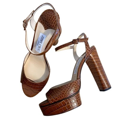 Sandalias Jimmy Choo Peachy 125 Marrón Cocodrilo Tacón Alto Punta Abierta Plataforma 39.5/8.5 Foto 1 de 4