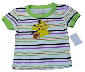 Pokemon Girls Green & Purple Stripe Pikachu Halloween T-Shirt Tee Shirt XS 4/5 - Picture 1 of 3