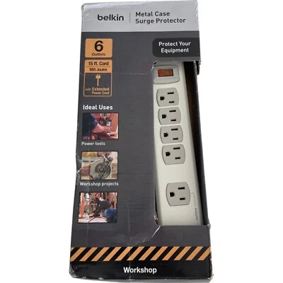 Estuche metálico supresor de sobretensiones Belkin Surgemaster 6 salidas cable de 15 pies resistente Foto 1 de 4