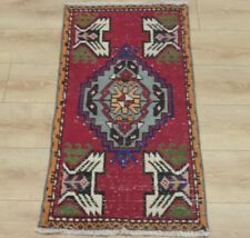 Oriental Red Doormat Rug Vintage Nomadic Hand Knotted Oushak Wool Carpet 2x3 ft
