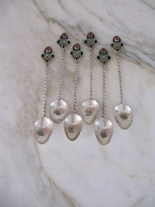 Juego de 6 cucharas de té antiguas argelinas con esmalte coral plateado Kabylie - Imagen 1 de 5