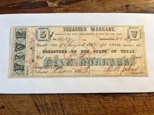 1863 Texas $5 Military Treasury Warrant/Confederate Civil War #174-2sh - Picture 1 of 6