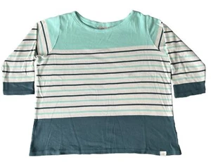 Vintage LL Bean Knit Sweater Womens XL Green Beige Stripe 3/4 Sleeve Boat Neck - Picture 1 of 11