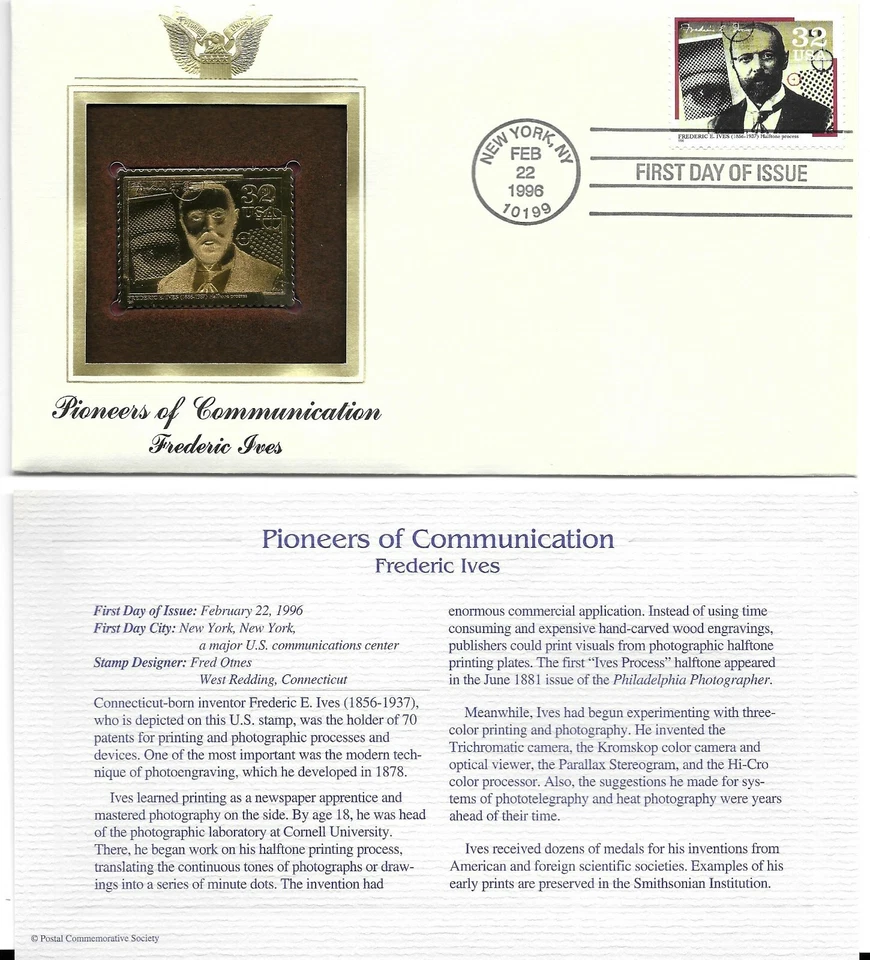 Pioneers of Communication- Frederic Ives--1st day issue-Golden Replica - Image 1 of 1