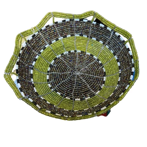 Handmade Green & Brown Beaded Wire Basket Bowl 5.5” Cover