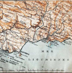 Map Cannes To Monaco Southern France Rare 1914 Lithograph WW1 Topo Mini DWAA20B - Picture 1 of 2