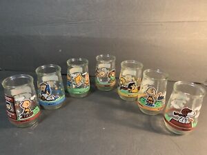 Unused Complete Set of 7 Welch's Peanuts Snoopy Charlie Brown Jelly Jar Glass 98