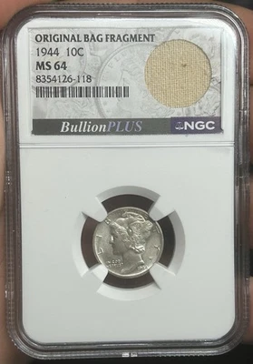 1944 10c Silver Mercury Dime MS64 NGC w/ Original Bag Fragment BullionPLUS - Image 1 of 4