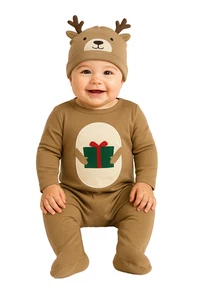 Carter's Baby Boys 2-Piece Reindeer Coverall & Hat Set for Christmas Sz 3M Brown - Picture 1 of 8