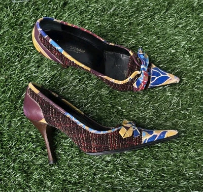 Dolce And Gabbana Heels Pumps Tweed Colorful Bow Pointy Size 37.5 US 7.5 - Image 1 of 4