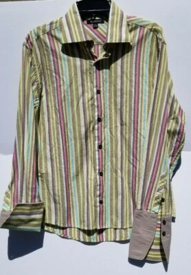 Men's Shirt BRANDINI Medium Yellow Lavender Olive Striped Long Sleeve Flip Cuff  - Image 1 of 4