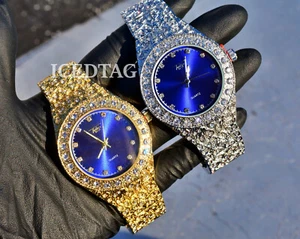 MENS HIP HOP ICY ICED TRENDY BLUE DIAL NUGGET CUBIC DIAMOND LUXURY STYLISH WATCH - Picture 1 of 7