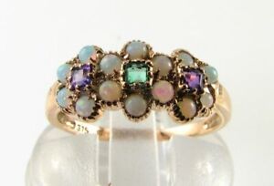 SUFFRAGETTE 9K 9CT ROSE GOLD EMERALD AMETHYST OPAL ART DECO INS DAISY RING 