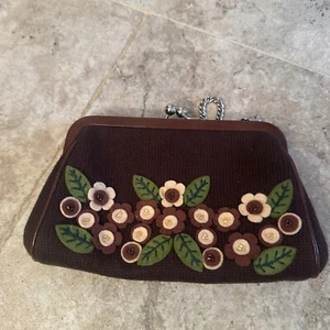 ISABELLA FIORE Purse flower kisslock Small Handbag chain strap Brown Wood/fabric - Picture 1 of 10