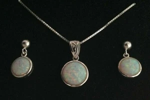 Trellis Celtic Fire Opal Round Pendant Necklace Earrings Set Sterling Silver - Picture 1 of 12