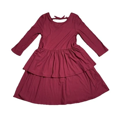 Epic Threads Girl's Medium Maroon Red Long Sleeve Dress Ribbed Tiered Open Back - Image 1 of 4