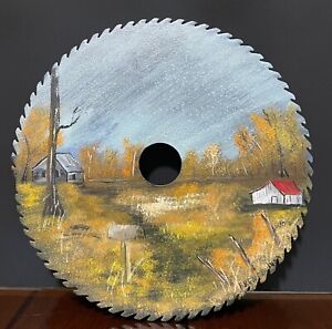 Hand Painted 7” Saw Blade Country Barn & Cabin Scene Signed