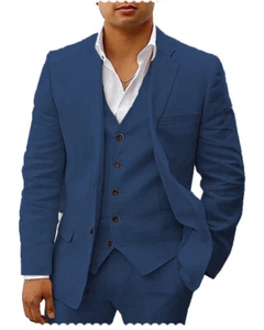 Men's Suit Three-piece Cotton Linen Breathable Suits Men's Business Blazers Sz - Picture 1 of 33