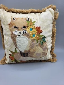 Vintage Fox With Flowerd Embroidered 12" Accent Throw Pillow - Picture 1 of 6