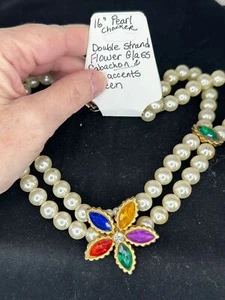 Necklace Choker 16" Pearl 2 Strand Flower Accent Rhinestone Vintage M-6140 - Picture 1 of 6