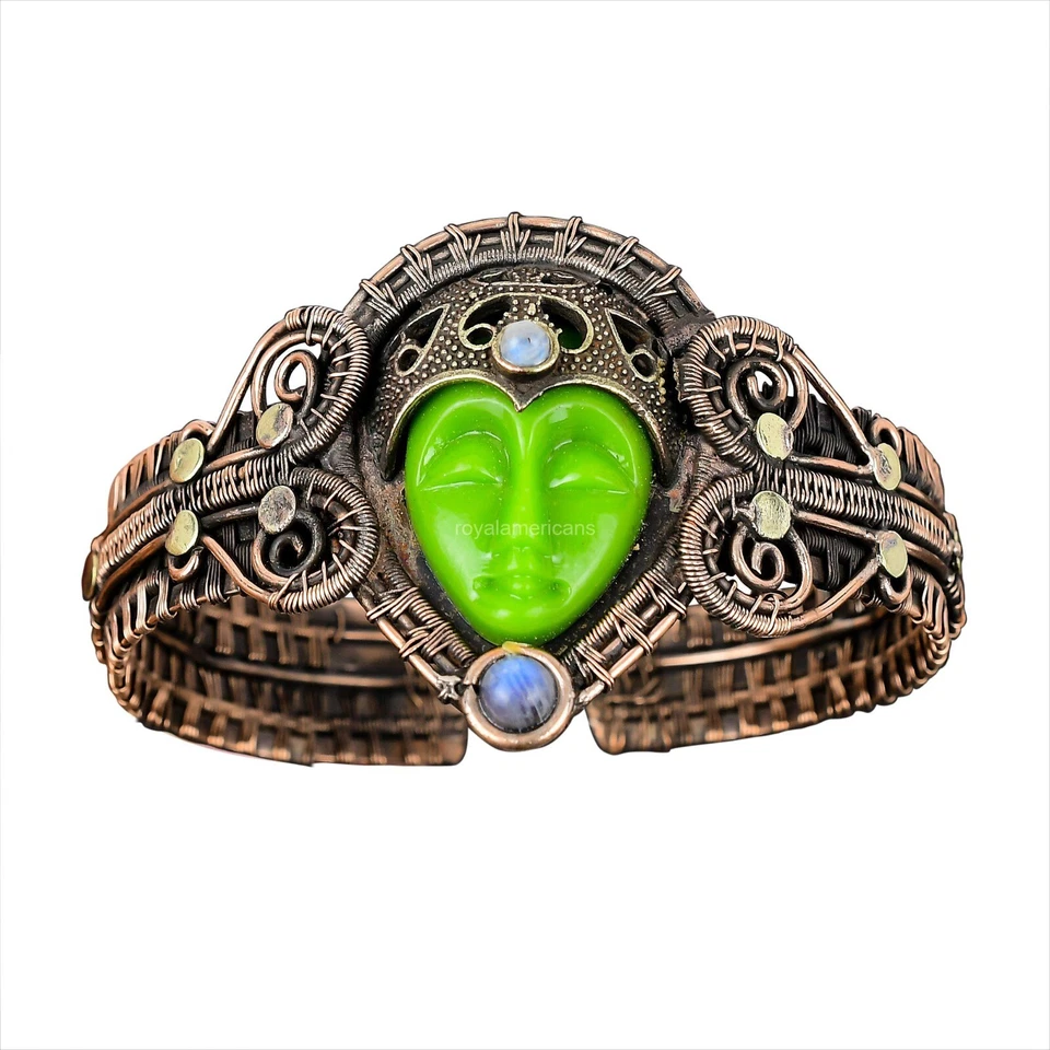 Green Carved Stone Jewelry Copper Friend Gift Wire Wrapped Adjustable Cuff - Image 1 of 4