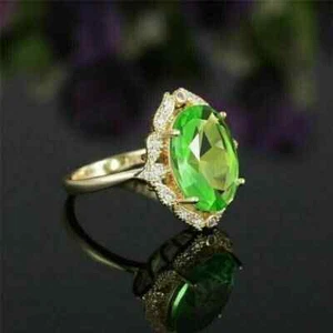 3Ct Oval Green Peridot Lab-Created Halo Engagement Ring 14K Yellow Gold Plated - Picture 1 of 4