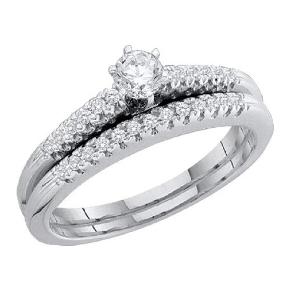 Solid 10K White Gold 0.35ctw Round Natural Diamond Solitaire Wedding Ring Set - Image 1 of 4