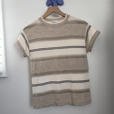 Brunello Cucinelli XS Stripe Metallic Knit T-Shirt Virgin Wool Cashmere Beige - Image 1 of 4