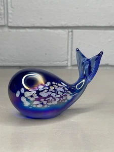 Vintage Art Glass Whale Paperweight Figurine Blue Iridescent Lustre Speckles - Picture 1 of 9