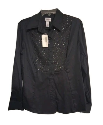 NUEVO CON ETIQUETAS Blusa Top Camisa Para Mujer Chico's Manga Larga Negra Estrás Talla 1 Ajustada? Foto 1 de 4