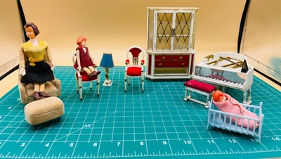 Vintage Ideal Doll House Furniture Lot of 12 Baby Mom Sister Piano Chair Lamp - Image 1 of 4
