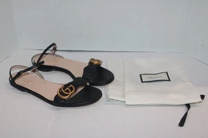 Gucci Black Leather GG Marmont Ankle Strap Flat Sandals Size 37 - Picture 1 of 16