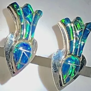 Ladies Black Opal Sacred Shooting HEART earrings Green blue fire Sterling 925 - Picture 1 of 5