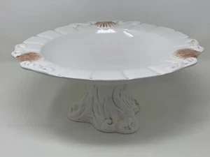 American Atelier "By the Sea" Pedestal Ironstone Cake Plate - Embossed Shells - Picture 1 of 5