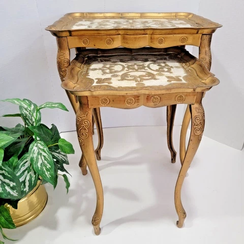 Set 2 Vintage Florentine Nesting Tables Made In Italy - Gold Hollywood Regency Cover