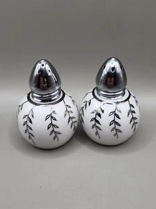 Salt & Pepper Shakers White Ceramic Silver Leaves Vines Vintage Set Of 2 - Picture 1 of 6