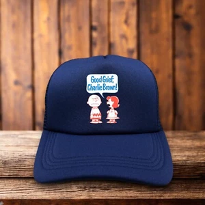 Peanuts Good Grief Charlie Brown Mens Trucker Hat Navy Lucy Schroeder 50s Comics - Picture 1 of 5