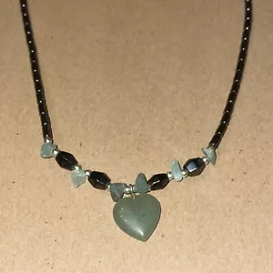 Hematite 18” Necklace w/ Green Stone Heart - Picture 1 of 3