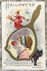 HALLOWEEN Hexe schwarze Katze & Frau im Spiegel LSC 1916 geprägte DB POSTKARTE B124 - Bild 1 von 3