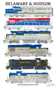 Poster Delaware & Hudson Locomotives 11"x17" firmato da Andy Fletcher - Foto 1 di 1